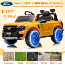 Load image into Gallery viewer, iRerts Yellow 12V Ford Ranger Powered Ride on Car with Remote Control, Kids Electric Car for Boys Girls 3-6 Ages, Kids Ride on Toys with Bluetooth, Music, USB Port, Horn, LED Lights