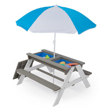Load image into Gallery viewer, Kids Outdoor Picnic Table Set with Bench, 3 in 1 Sand and Water Activity Table Outdoor Convertible Picnic Table with Umbrella, Removable Tabletop, Play Boxes, Kids Table and Chair Set for Patio, Natur