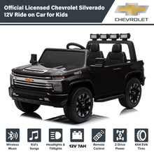 Load image into Gallery viewer, iRerts 12V Battery Powered Ride on Cars with Remote Control, Licensed Chevrolet Silverado 2 Seater Kids Electric Cars for 2-6 Ages Kids Gift, Ride On Toy with Music, MP3/USB/AUX Port, LED Light, Black