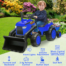 Load image into Gallery viewer, iRerts 12V Kids Ride on Car, Ride on Tractor with Remote Control, Electric Excavator Vehicle Construction Truck with Trailer, Adjustable Bucket, Toddlers Bulldozer Tractor with 3 Speeds, Music, Blue