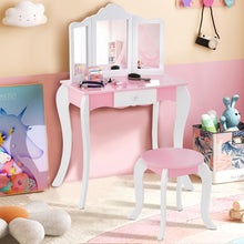 Load image into Gallery viewer, iRerts Kids Makeup Vanity Set, Wooden Kids Vanity Set with Tri-Folding Mirror and Stool, Girls Vanity Makeup Dressing Table with Drawer, Kids Bedroom Furniture Kids Vanity Table and Chair Set