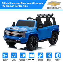 Load image into Gallery viewer, iRerts 12V Battery Powered Ride on Cars with Remote Control, Licensed Chevrolet Silverado 2 Seater Kids Electric Cars for 2-6 Ages Kids Gifts, Ride On Toy with Music, MP3/USB/AUX Port, LED Light, Blue