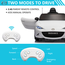 Load image into Gallery viewer, iRerts White 12V MAZDA MX-5 RF Ride on Cars with Remote Control, Electric Cars for Kids Boys Girls 3-6 Ages Gifts, Battery Powered Kids Ride on Toys with Music, Bluetooth, USB, MP3, LED Lights