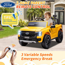 Load image into Gallery viewer, 12V Ride on Cars with Remote Control, Ford Ranger Electric Cars for Kids with Bluetooth, Music, USB Port, Horn, LED Lights, Battery Powered Ride on Toys for Kids Boys Girls 3-6 Ages Gifts, Yellow