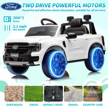 Load image into Gallery viewer, 12V Ride on Cars with Remote Control, Ford Ranger Electric Cars for Kids with Bluetooth, Music, USB Port, Horn, LED Lights, Battery Powered Ride on Toys for Kids Boys Girls 3-6 Ages Gifts, White