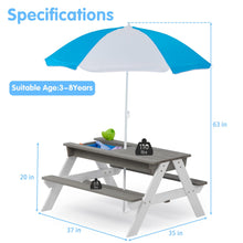 Load image into Gallery viewer, Kids Outdoor Picnic Table Set with Bench, 3 in 1 Sand and Water Activity Table Outdoor Convertible Picnic Table with Umbrella, Removable Tabletop, Play Boxes, Kids Table and Chair Set for Patio, Natur