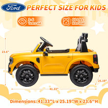 Load image into Gallery viewer, iRerts Yellow 12V Ford Ranger Powered Ride on Car with Remote Control, Kids Electric Car for Boys Girls 3-6 Ages, Kids Ride on Toys with Bluetooth, Music, USB Port, Horn, LED Lights