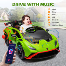 Load image into Gallery viewer, iRerts Green 24V Lamborghini Ride on Cars with Remote Control, Battery Powered Kids Ride on Toys for Boys Girls 3-8 Ages, 4 Wheels Electric Cars for Kids with Bluetooth/Music/USB Port/LED Lights