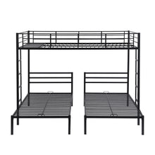 Load image into Gallery viewer, iRerts Triple Bunk Beds for Kids Adults, Metal Full over Twin over Twin Bunk Bed with Built-in Shelf, Triple Bunk Bed Frame with Headboard and Safety Guardrail, 3 in 1 Bunk Bed for Bedroom, Black