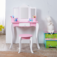Load image into Gallery viewer, iRerts Kids Makeup Vanity Set, Wooden Kids Vanity Set with Tri-Folding Mirror and Stool, Girls Vanity Makeup Dressing Table with Drawer, Kids Bedroom Furniture Kids Vanity Table and Chair Set