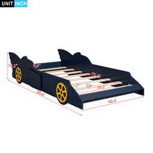 Load image into Gallery viewer, iRerts Race Car Shaped Twin Bed Frame, Wood Twin Platform Bed Frame for Kids Toddlers, Children Twin Size Platform Bed with Wheels, Wooden Slats, No Box Spring Needed, Blue/Yellow