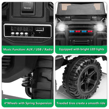 Load image into Gallery viewer, iRerts Black Kids 12V Ride on Truck with Remote Control for 2- 4 Years Old, Horn, LED Lights, MP3 Player, Radio, USB Port, Spring Suspension