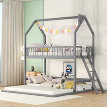Load image into Gallery viewer, iRerts Twin Over Twin Bunk Bed with Extending Trundle, Wood Bunk Bed Twin Over Twin with Ladder and Roof, Versatility Kids Bunk Bed No Box Spring Needed for Boys Girls Bedroom Furniture, Gray
