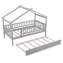Load image into Gallery viewer, Twin Bed Frame with Twin Size Trundle, iRerts Wood Twin House Bed with Roof, Modern Twin Platform Bed Frame No Box Spring Needed, Twin Size Bed Frame for Kids Boys Girls Bedroom, Gray