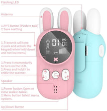 Load image into Gallery viewer, iRerts Kids Walkie Talkies, 2 Pack Walkie Talkies for Kids 3-12 Year Old, Boys Girls Walkie Talkies with 22 Channels, LCD Screen, 3KM Long Range, Outdoor Toys for Kids Camping, Hiking, Blue/Pink