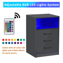Load image into Gallery viewer, iRerts Nightstand for Bedroom, Wood End Side Table with Wireless Charging, USB Charging Ports, 16 LED Lights, 3 Storage Drawers, Modern Bedside Table LED Nightstand for Bedroom Living Room, Gray