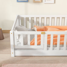 Load image into Gallery viewer, iRerts Twin Floor Bed Frame for Kids Toddlers, Wood Low Floor Twin Size Bed Frame with Fence Guardrail and Door, kids Twin Bed for Boys Girls, No Box Spring Needed, White