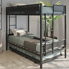 Load image into Gallery viewer, iRerts Twin over Twin Bunk Bed with Trundle, Heavy Duty Metal Bunk Bed with 2 Ladders and Safety Texteline Guardrail, Bunk Bed Twin over Twin for Kids Teens Adults Bedroom, No Box Spring Needed, Black