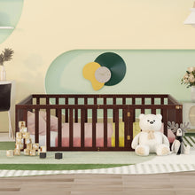 Load image into Gallery viewer, iRerts Full Floor Bed Frame for Kids Toddlers, Wood Montessori Low Floor Full Size Bed Frame with Fence Guardrail and Door, kids Full Bed for Boys Girls, Spring Needed, Walnut