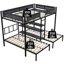 Load image into Gallery viewer, Full Over Twin Over Twin Bunk Bed, iRerts Modern Metal Triple Bunk Beds, Black Triple Bunk Beds with Shelves, Bedroom Furniture Full over Twins Bunk Bed for Dormitory Kids Room, No Box Spring Needed