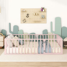 Load image into Gallery viewer, iRerts Queen Floor Bed Frame, Metal Queen Size Montessori Floor Bed Frame with Fence and Door, Kids Toddler Floor Bed Frame Queen Size for Girls Boys, Twin Bed Frame without Bed Slats, Pink