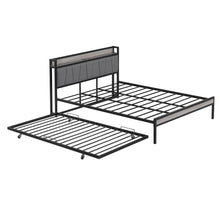 Load image into Gallery viewer, iRerts Metal Queen Platform Bed Frame with Trundle, Industrial Queen Bed Frame with Storage Upholstered Headboard, USB Ports, Socket, Queen Size Bed Frame No Box Spring Needed for Bedroom, Black