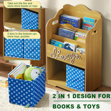 Load image into Gallery viewer, iRerts Kids Bookshelf, Wood 4 Tier Kids Toddler Bookcase with 3 Shelves Book Organizer, 2 Moveable Storage Boxes, Kids Book Shelf Organizer Book Rack Sling Book Display Stand for Kids Bedroom, Brown