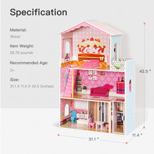 Load image into Gallery viewer, iRerts Doll Houses for Girls, Wooden Dollhouse with 8 Furniture, 3 Story Barbie Dream Dollhouse Playset with 4 Rooms, Balcony, Stairway, Holiday Birthday Gift for Ages 3+