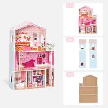 Load image into Gallery viewer, iRerts Doll Houses for Girls, Wooden Dollhouse with 8 Furniture, 3 Story Barbie Dream Dollhouse Playset with 4 Rooms, Balcony, Stairway, Holiday Birthday Gift for Ages 3+