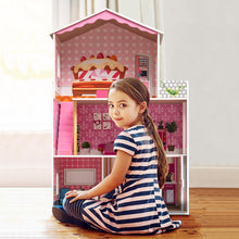 Load image into Gallery viewer, iRerts Doll Houses for Girls, Wooden Dollhouse with 8 Furniture, 3 Story Barbie Dream Dollhouse Playset with 4 Rooms, Balcony, Stairway, Holiday Birthday Gift for Ages 3+