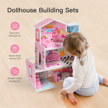 Load image into Gallery viewer, iRerts Doll Houses for Girls, Wooden Doll House with 8 Furniture, 3 Story Doll House Playset with Balcony, 2 Stairways, Holiday Birthday Gift for Ages 3+