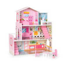Load image into Gallery viewer, iRerts Doll Houses for Girls, Wooden Doll House with 8 Furniture, 3 Story Doll House Playset with Balcony, 2 Stairways, Holiday Birthday Gift for Ages 3+