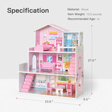 Load image into Gallery viewer, iRerts Doll Houses for Girls, Wooden Doll House with 8 Furniture, 3 Story Doll House Playset with Balcony, 2 Stairways, Holiday Birthday Gift for Ages 3+