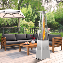 Load image into Gallery viewer, iRerts Outdoor Heaters for Patios, 42000 BTU Pyramid Outdoor Patio Heater with Wheels, Glass Tube Flame, Long Strips Flame, Portable Propane Heater for Garden Commercial Residential Outdoor, Silver
