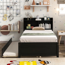 Load image into Gallery viewer, iRerts Twin Bed Frame with Trundle, Kids Bed Frame with Storage Headboard and Trundle, Space-saving Platform Bed with Storage for Girls Boys Toddlers Bedroom, Espresso