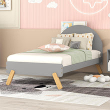 Load image into Gallery viewer, iRerts Wood Platform Bed Frame Twin Size, Gray Kids Toddler Bed with Curved Headboard and Shelf Behind Headboard, Solid Wood Slats, No Box Spring Needed