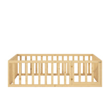 Load image into Gallery viewer, iRerts Full Floor Bed Frame for Kids Toddlers, Wood Montessori Low Floor Full Size Bed Frame with Fence Guardrail and Door, kids Full Bed for Boys Girls, Spring Needed, Natural