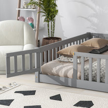 Load image into Gallery viewer, iRerts Queen Floor Bed Frame for Kids Toddlers, Wood Low Floor Queen Size Bed Frame with Fence Guardrail and Door, kids Queen Bed for Boys Girls, No Box Spring Needed, Gray