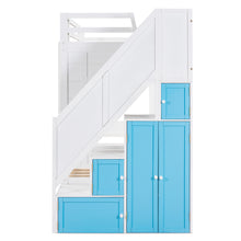 Load image into Gallery viewer, iRerts Twin Over Twin Bunk Bed with Trundle, Solid Wood Bunk Beds Twin over Twin with Storage Cabinet, Stairs and Ladders, Twin Bunk Beds for Kids Teens Bedroom, White/Blue