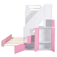 Load image into Gallery viewer, iRerts Wood Bunk Bed Twin over Twin , Modern Twin Over Twin Bunk Bed with Trundle, Storage Cabinet, Stairs and Ladders, Twin Bunk Beds for Kids Teens Adults Bedroom, White/Pink