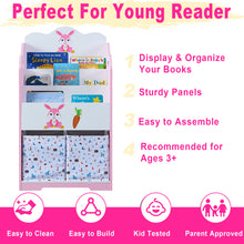 Load image into Gallery viewer, iRerts Kids Bookshelf, Wood 4 Tier Kids Toddler Bookcase with 3 Shelves Book Organizer, 2 Moveable Storage Boxes, Kids Book Shelf Organizer Book Rack Sling Book Display Stand for Kids Bedroom, Pink