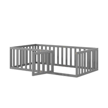 Load image into Gallery viewer, iRerts Twin Floor Bed Frame for Kids Toddlers, Wood Montessori Low Floor Twin Size Bed Frame with Fence Guardrail and Door, kids Twin Bed for Boys Girls, Spring Needed, Gray