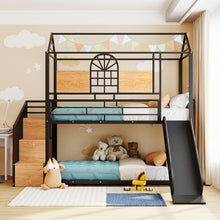 Load image into Gallery viewer, iRerts Twin Over Twin Metal Bunk Bed, House Bunk Bed Frame with Slide and Storage Stair, Twin Low Bunk Beds with Guardrail for Kids Teens Adults Bedroom, No Box Spring Needed, Black with Black Slide