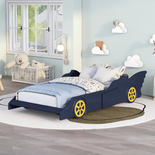 Load image into Gallery viewer, iRerts Twin Size Race Car Bed Frame with Wheels, Wood Twin Platform Bed Frame with Support Slats, Twin Bed Frame for Kids Boys Girls Teens Bedroom, No Box Spring Needed, Blue/Yellow