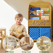 Load image into Gallery viewer, iRerts Kids Bookshelf, Wood 4 Tier Kids Toddler Bookcase with 3 Shelves Book Organizer, 2 Moveable Storage Boxes, Kids Book Shelf Organizer Book Rack Sling Book Display Stand for Kids Bedroom, Brown