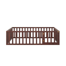 Load image into Gallery viewer, iRerts Queen Floor Bed Frame for Kids Toddlers, Wood Montessori Low Floor Queen Size Bed Frame with Fence Guardrail and Door, kids Queen Bed for Boys Girls, Spring Needed, Walnut