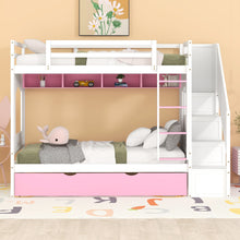 Load image into Gallery viewer, iRerts Twin Over Twin Bunk Bed with Trundle, Solid Wood Bunk Beds Twin over Twin with Storage Cabinet, Stairs and Ladders, Twin Bunk Beds for Kids Teens Bedroom, White/Pink