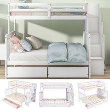 Load image into Gallery viewer, iRerts Twin Over Full Bunk Bed, Wood Bunk Beds Twin Over Full with 2 Drawers and Staircases, Convertible into 2 Beds, Bunk Beds for Kids Teens Adults, Bunk Bed for Bedroom, No Box Spring Needed, White