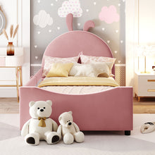Load image into Gallery viewer, iRerts Upholstered Twin Daybed Frame for Kids, Velvet Twin Platform Bed Frame with Rabbit Ear Shaped Headboard and Footboard, Wood Twin Size Sofa Bed for Girls Boys, Pink