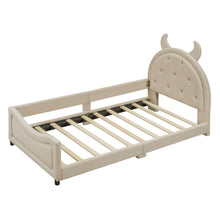 Load image into Gallery viewer, iRerts Twin Size Upholstered Daybed Frame for Kids, Teddy Fleece Twin Platform Bed Frame with OX Hor Shaped Headboard and Footboard, Wood Twin Size Sofa Bed for Girls Boys, Beige